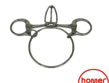 A metal tongue control bit for a horse, with a circular ring and derived control mechanism, predominantly in silver or gray color.
