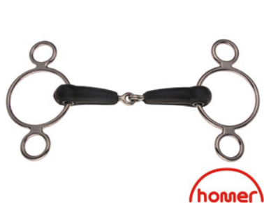A rubber mouth bit with metal rings on either side and a black rubber mouthpiece, designed for show jumping.