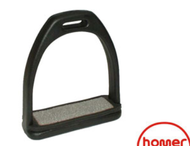 Black plastic stirrup for equestrian riding equipment with a visible brand logo