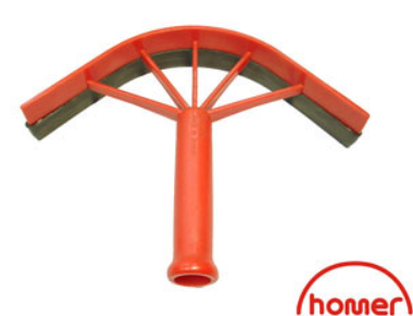 A plastic sweat scraper with a red handle and gray blade, designed for horse grooming.