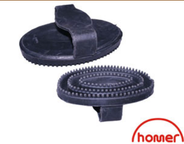 Two black rubber curry combs with round points, one standing upright and the other lying flat, displaying the bristle side.