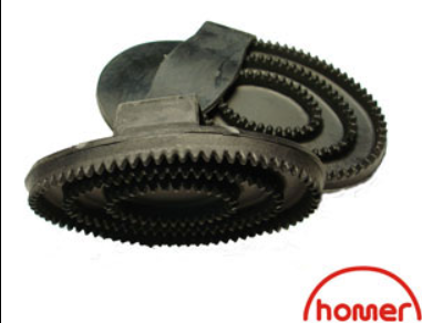A rubber curry comb with a sharp point, primarily black in color with the brand 'homer' visible.
