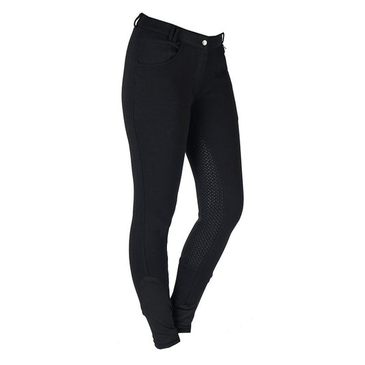 Black riding breeches with a matte silicone full seat and two front pockets.
Horka. Available with Nice equestrian Wukair Doha Qatar