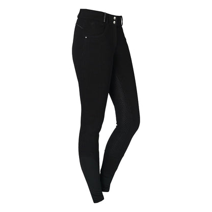 A pair of black riding breeches for women, featuring a slightly higher waistband with two buttons, elastic ankle closure, beltloops, and two front pockets.
Horka. Available at Nice Equestrian Wukair Doha Qatar