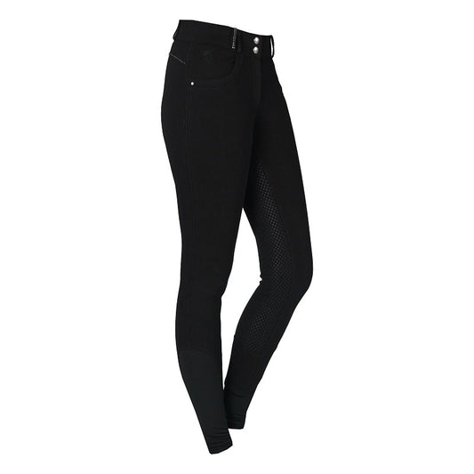 A pair of black riding breeches for women, featuring a slightly higher waistband with two buttons, elastic ankle closure, beltloops, and two front pockets.
Horka. Available at Nice Equestrian Wukair Doha Qatar