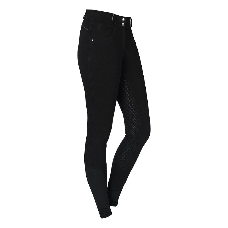 Black riding breeches with a slightly higher waistband, two buttons, elastic ankle closure, beltloops, and two front pockets.
Horka. Available at Nice Equestrian Wukair Doha Qatar