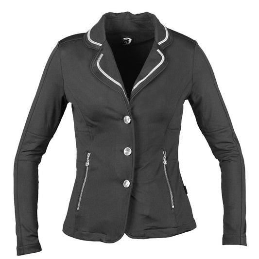 A black riding jacket with a standing collar, featuring silver buttons and zippers, and a special silver YKK pocket zipper.
Horka. Available at Nice equestrian Wukair Doha Qatar.
