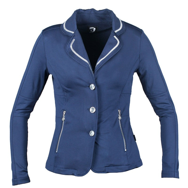 A black riding jacket with a standing collar, featuring silver buttons and zippers, and a special silver YKK pocket zipper.
Horka. Available at Nice Equestrian Wukair Doha Qatar