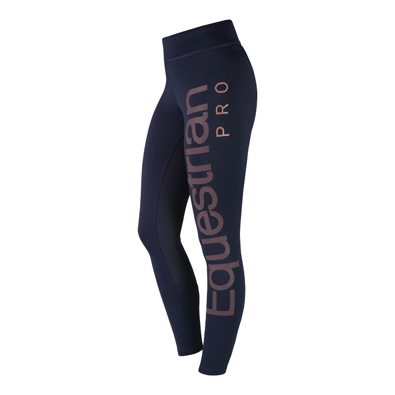 Navy blue riding tights with 'Equestrian Pro' text and a silicone seat design.
Horka. Available at Nice equestrian Wukair Doha Qatar.