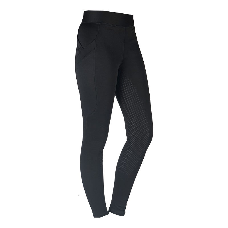 Black riding tights with a high waist and a seat seam, featuring a printed silicone full seat and a side mobile phone pocket with zipper.
Horka. Available at Nice Equestrian Wukair Doha Qatar.