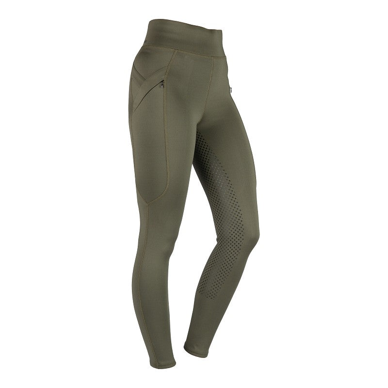 A pair of green riding tights with a high waist and a seat seam, featuring a printed silicone full seat and a side mobile phone pocket with zipper.
Horka. Available at Nice Equestrian Wukair Doha Qatar.