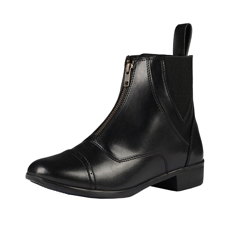 A black synthetic leather lace-up Jodhpur boot with a front zipper and a rubber sole.
Horka.
Available at Nice equestrian Wukair Doha Qatar.