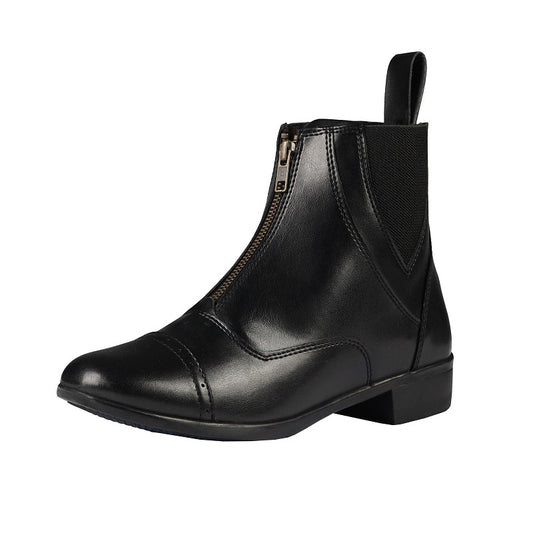 A black synthetic leather lace-up Jodhpur boot with a front zipper and a rubber sole.
Horka.
Available at Nice equestrian Wukair Doha Qatar.