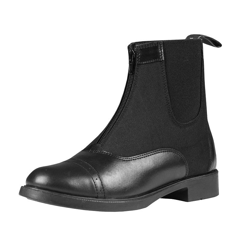 A black, Jodhpur  synthetic leather paddock boot with a rubber sole and a front zipper.
Horka.
Available at Nice equestrian Wukair Doha Qatar.