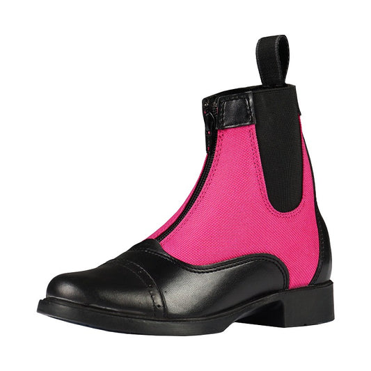 A Pink black, Jodhpur synthetic leather paddock boot with a rubber sole and a front zipper.
Horka.
Available at Nice equestrian Wukair Doha Qatar.