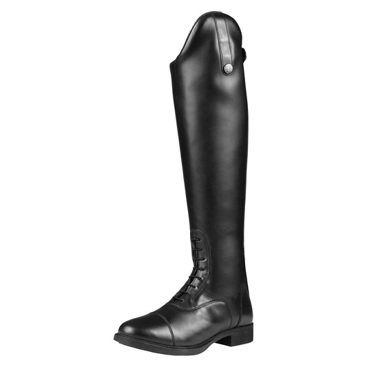 A black riding boot made of synthetic leather, featuring elastic laces, a Cambrill lining, a YKK zipper, and a rubber outsole.
Horka.
Available at Nice Equestrian Wukair Doha Qatar.