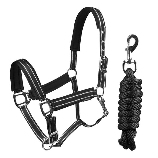 Two-tone deluxe halter set with adjustable headpiece and noseband, and a 200 cm lead rope with snap hook. The halter is padded with a mesh liner and has silver or rose gold finish.
Available with Nice equestrian Wukair Doha Qatar.