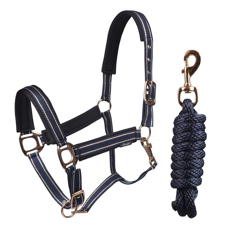Two-tone deluxe halter set with adjustable headpiece and noseband, and a 200 cm lead rope with snap hook. The halter is padded with a mesh liner and has silver or rose gold finish.
Available with Nice equestrian Wukair Doha Qatar.