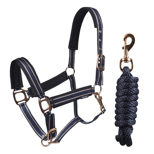 Two-tone deluxe halter set with adjustable headpiece and noseband, and a 200 cm lead rope with snap hook. The halter is padded with a mesh liner and has silver or rose gold finish.
Available with Nice equestrian Wukair Doha Qatar.