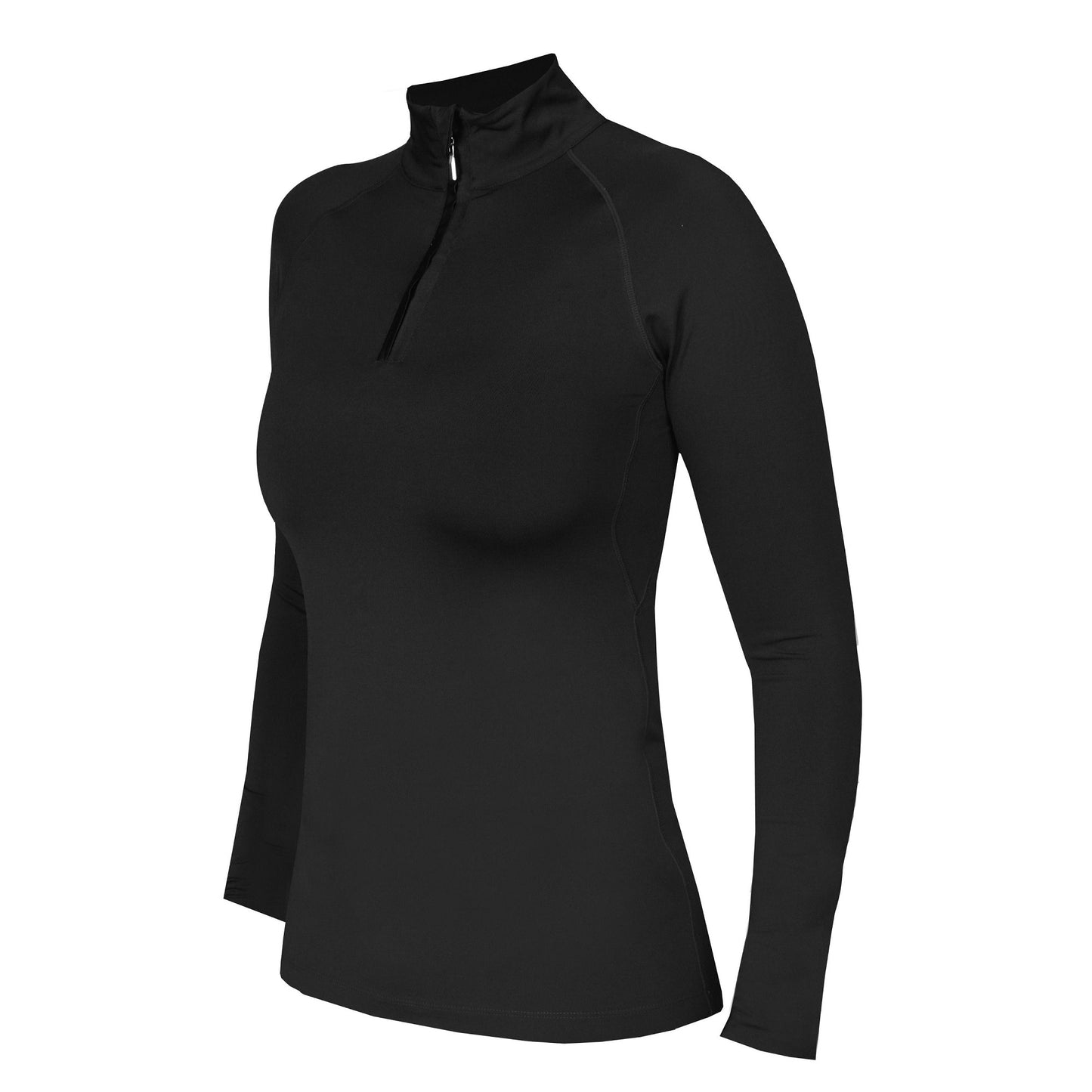 A black long-sleeved training shirt with a stand-up collar and zipper.
Horka. Available at Nice Equestrian Wukair Doha Qatar.
