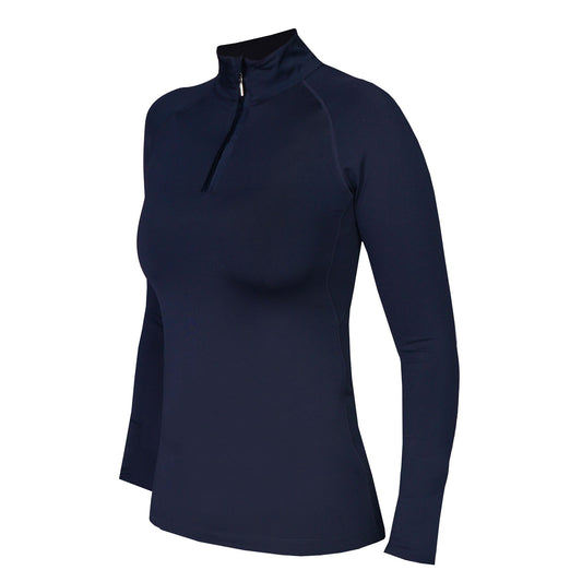A navy-blue long-sleeved training shirt with a stand-up collar and zipper.
Horka. Available at Nice Equestrian Wukair Doha Qatar.