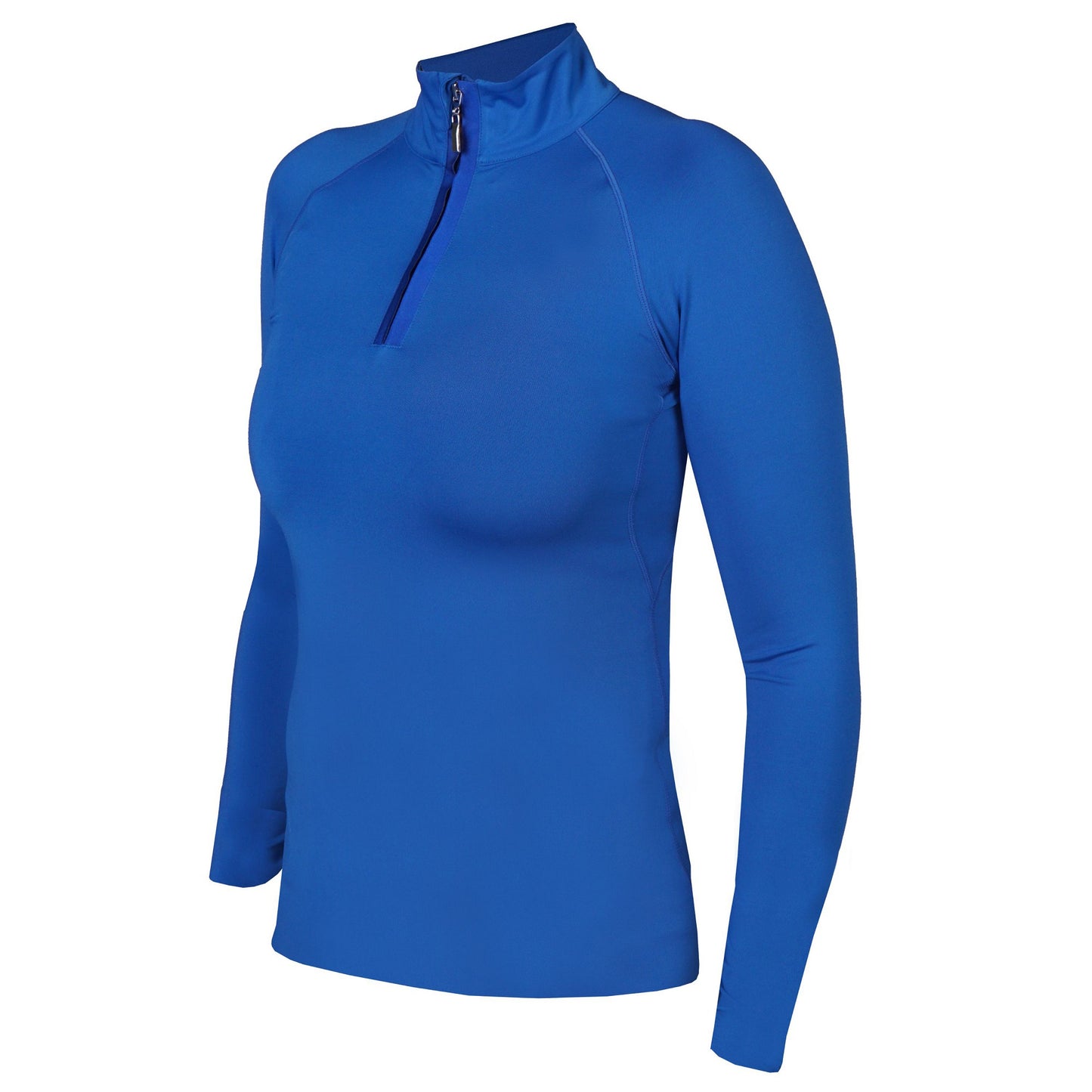 A blue long-sleeved training shirt with a stand-up collar and zipper.
Horka. Available at Nice Equestrian Wukair Doha Qatar.