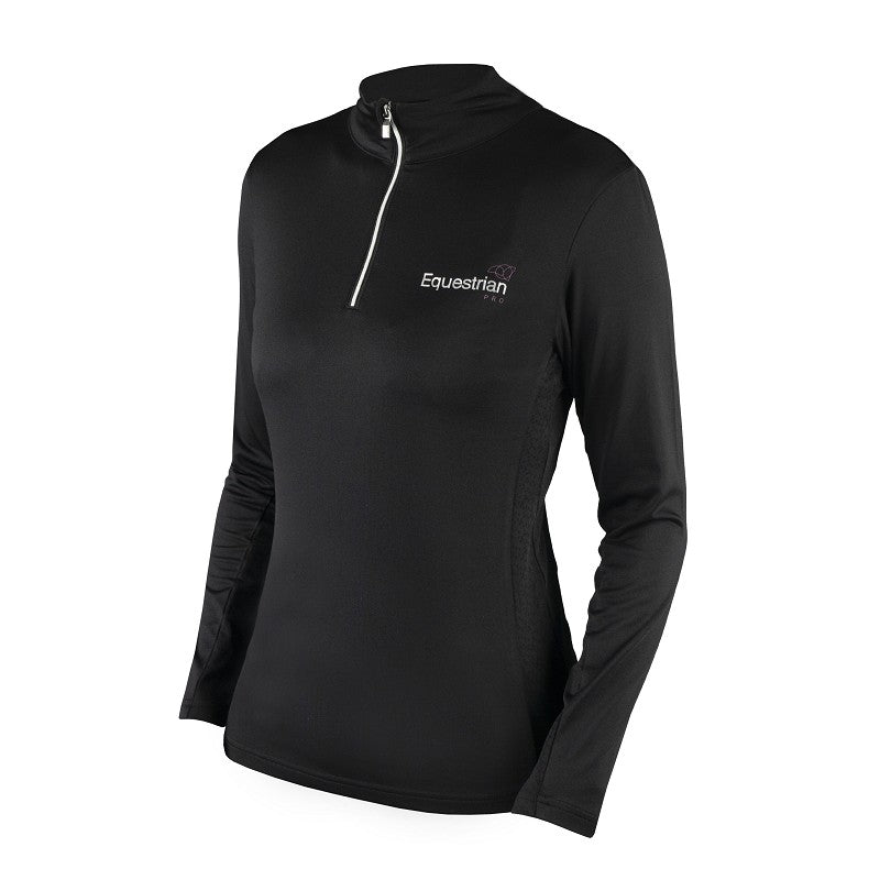 A black base layer shirt for women with a mock neckline and long sleeves, featuring the brand name on the chest.
Horka. Available at Nice Equestrian Wukair Doha Qatar.
