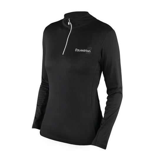 A black base layer shirt for women with a mock neckline and long sleeves, featuring the brand name on the chest.
Horka. Available at Nice Equestrian Wukair Doha Qatar.