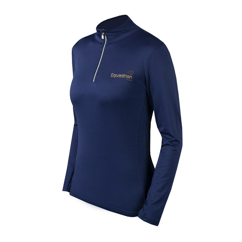 A navy blue long-sleeved base layer shirt with a V-neck and a zipper at the front. The brand logo is visible on the chest.

Horka. Available at Nice Equestrian Wukair Doha Qatar