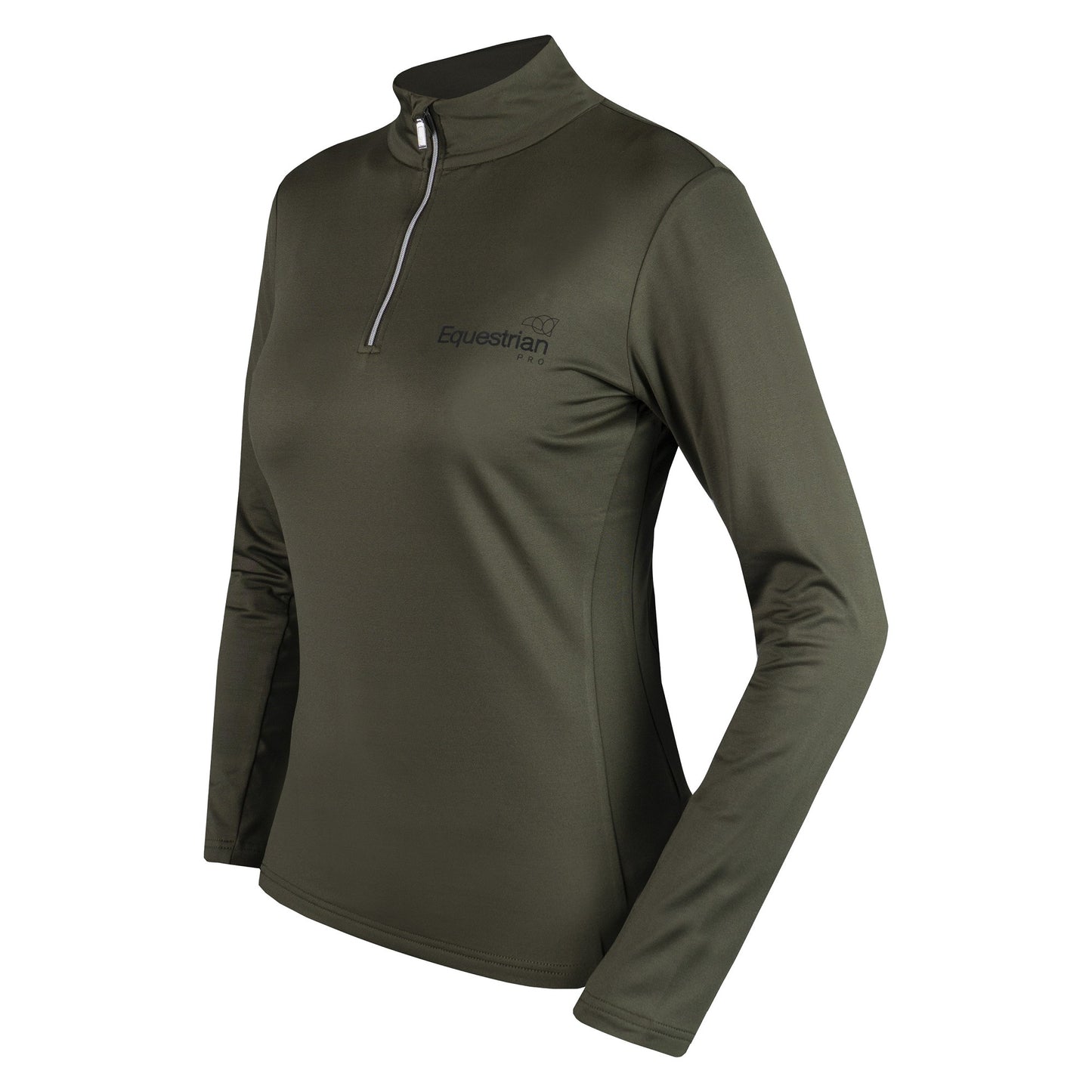 A green base layer shirt for women with a mock neckline and long sleeves, featuring the brand name on the chest.
Horka. Available at Nice Equestrian Wukair Doha Qatar.