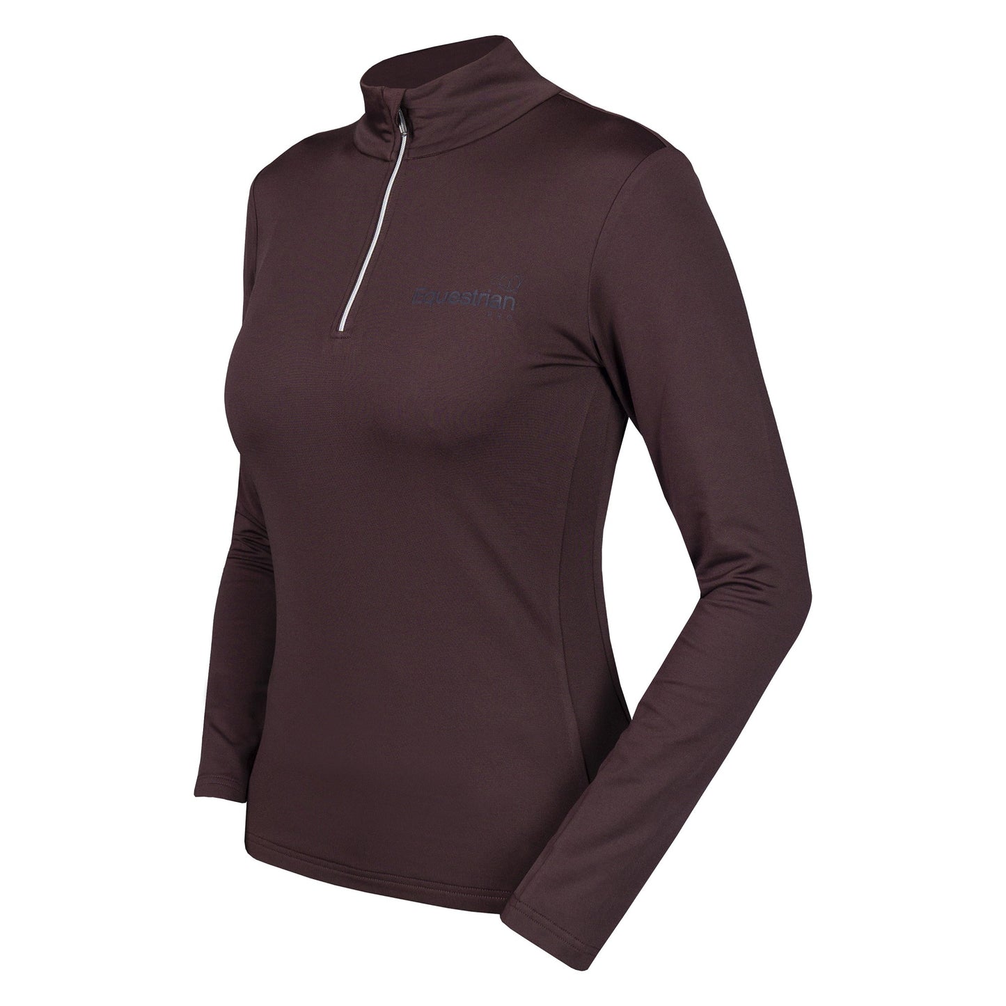 A dark green long-sleeved base layer shirt for women with a mock neckline and brand logo on the chest.
Horka. Available at Nice Equestrian Wukair Doha Qatar.