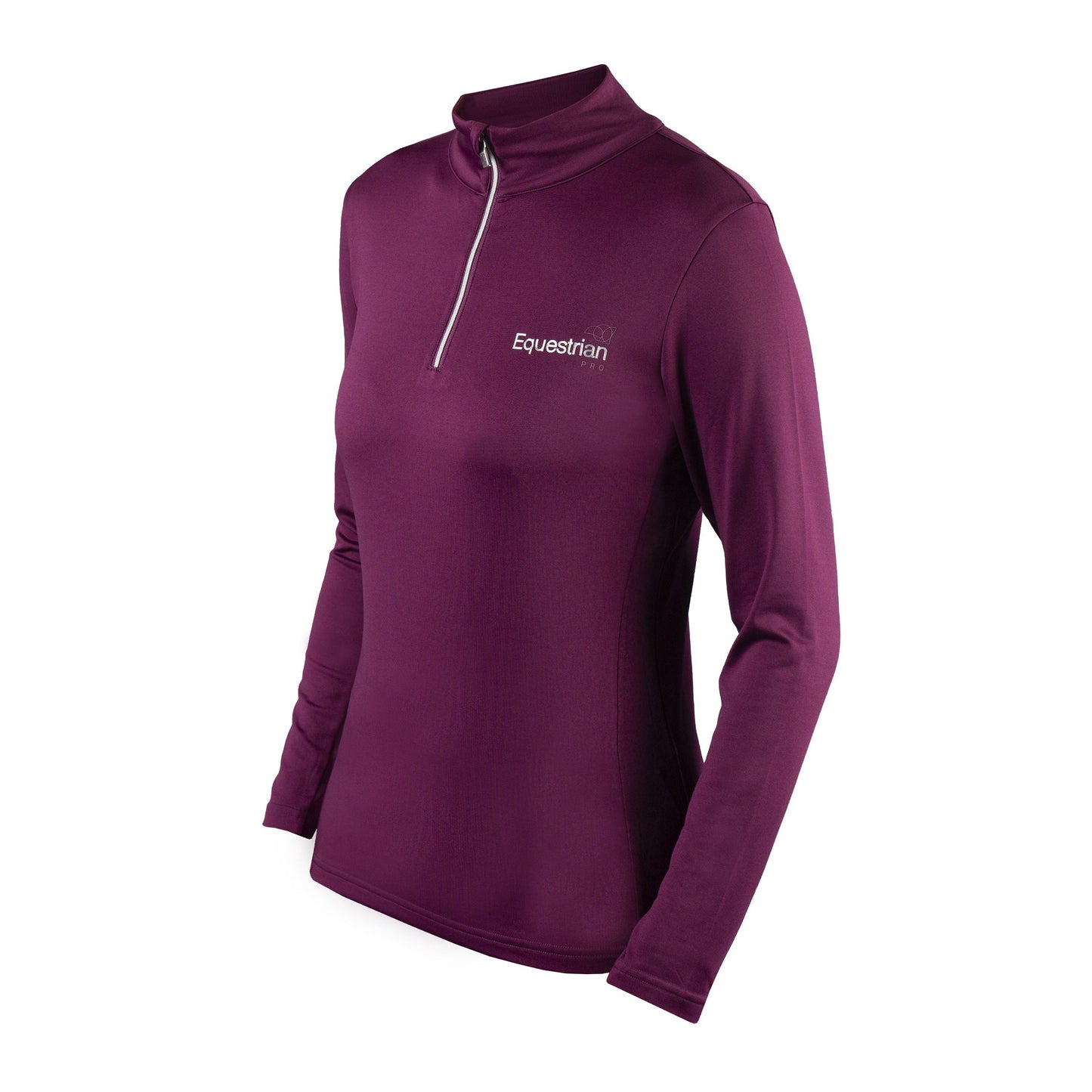 A purple base layer shirt with a V-neck, long sleeves, and a zipper at the front. The brand name Horka is printed on the chest.
Horka. Available at Nice Equestrian Wukair Doha Qatar