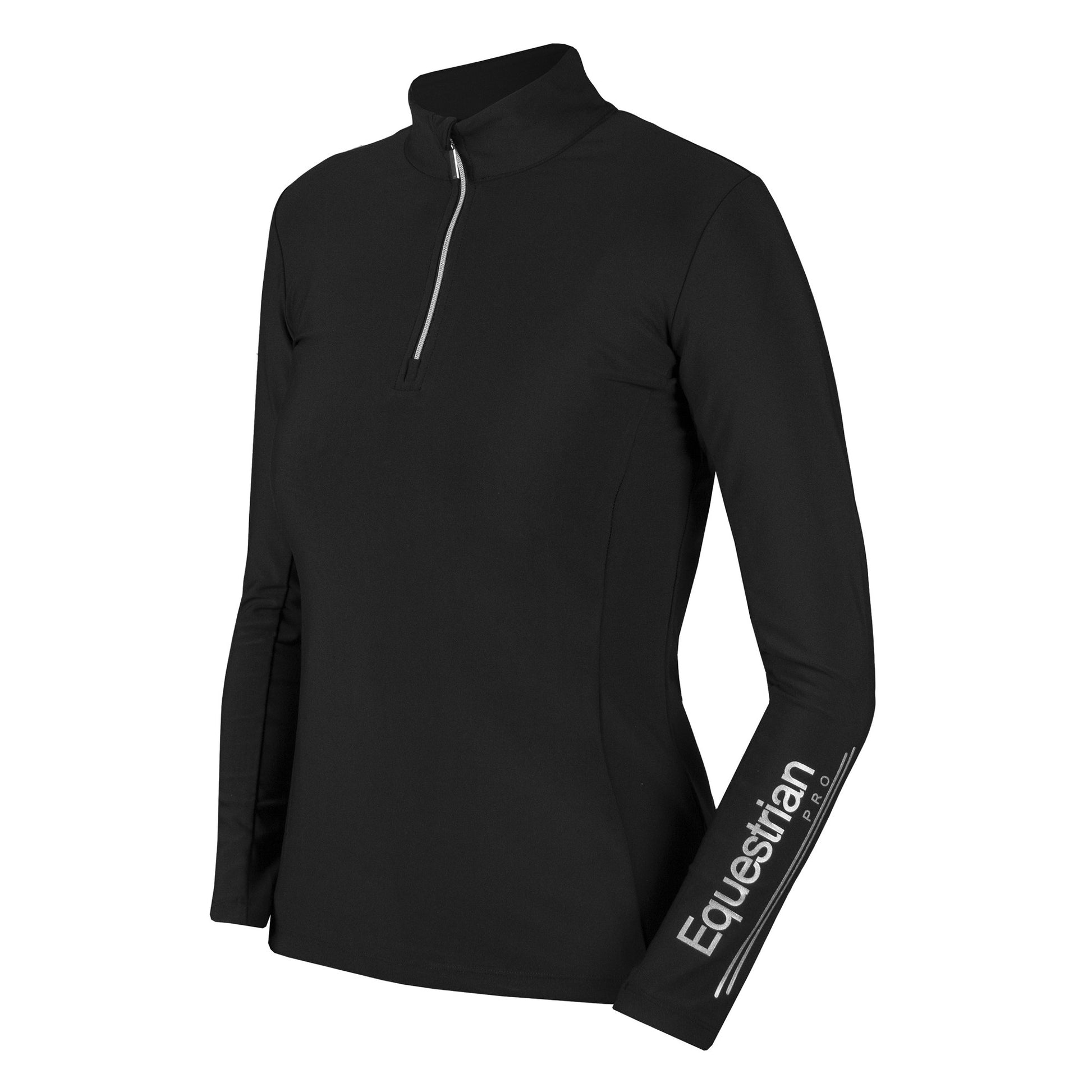 Long-sleeved black training shirt with a half zipper and a small stand-up collar, featuring the brand name 'HORKA' on the chest.
Available at Nice Equestrian Wukair Doha Qatar.