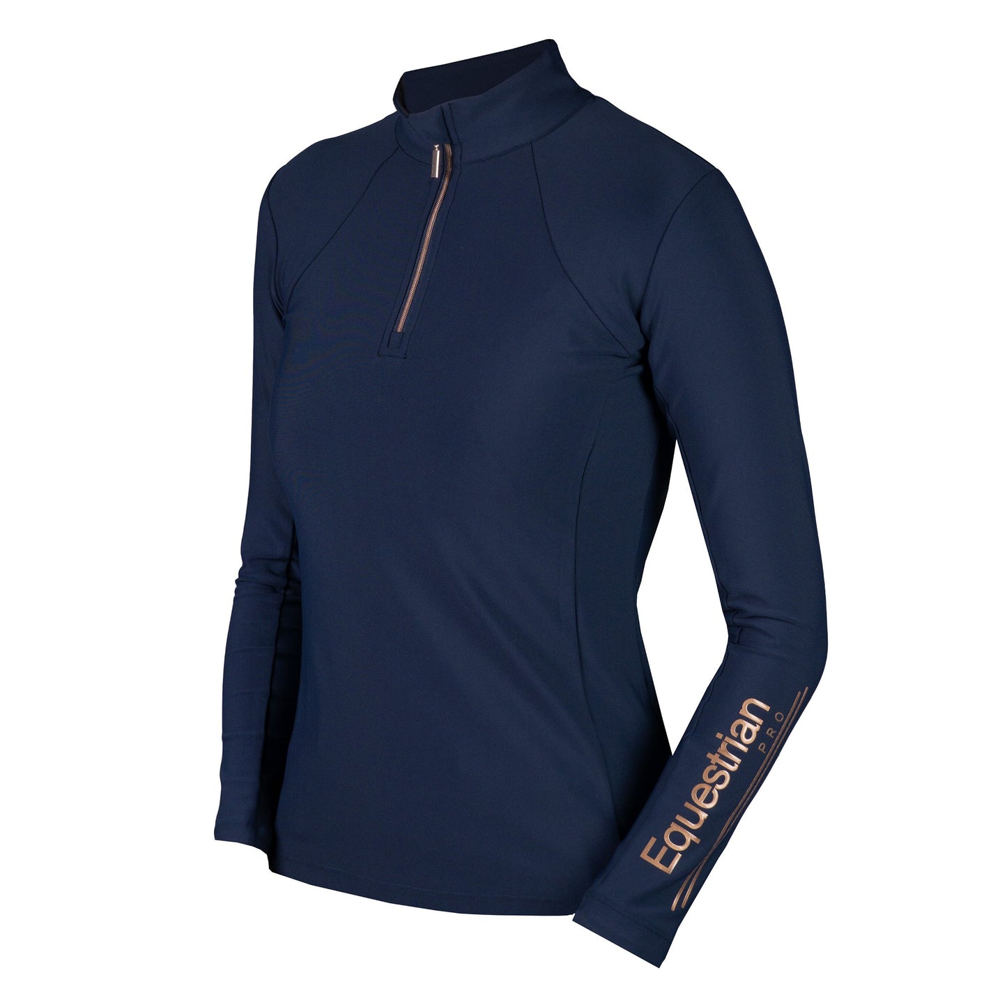 Long-sleeved navy-blue training shirt with a half zipper and a small stand-up collar, featuring the brand name 'HORKA' on the chest.
Available at Nice Equestrian Wukair Doha Qatar.