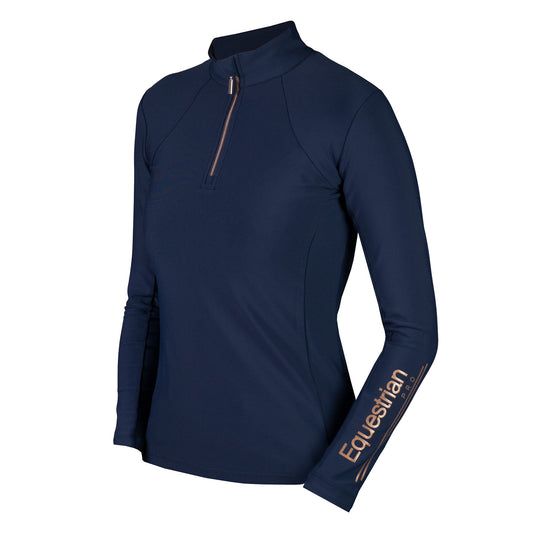 Long-sleeved navy-blue training shirt with a half zipper and a small stand-up collar, featuring the brand name 'HORKA' on the chest.
Available at Nice Equestrian Wukair Doha Qatar.