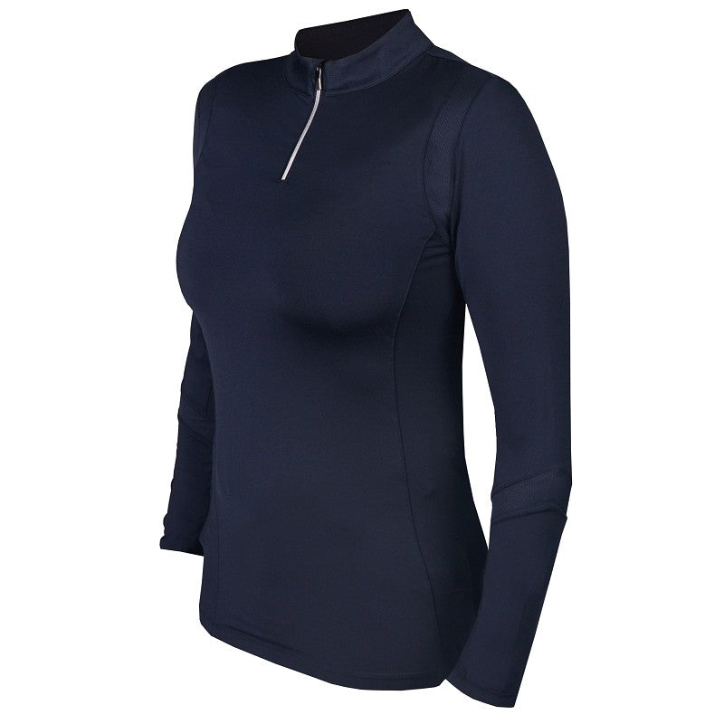 A navy blue turtleneck baselayer shirt with a half zipper and mesh fabric at the sleeves.
Horka full sleeve Riding T Shirt. Available at Nice Equestrian Wukair Doha Qatar.