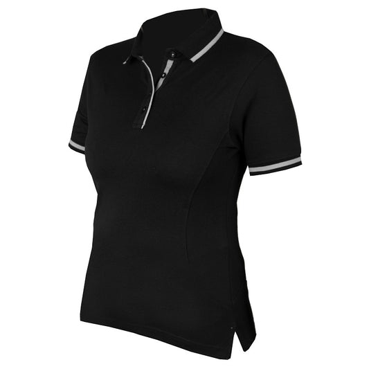 A black polo shirt with white collar and sleeve cuffs, designed for women.
Horka. Available at Nice Equestrian Wukair Doha Qatar.