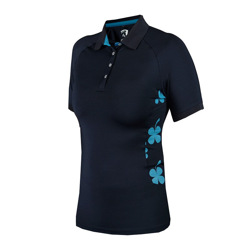 A Horka blue equestrian pro embossed shirt with short sleeves and a small stand-up collar, displayed on a mannequin.
Available at Nice Equestrian Wukair Doha Qatar