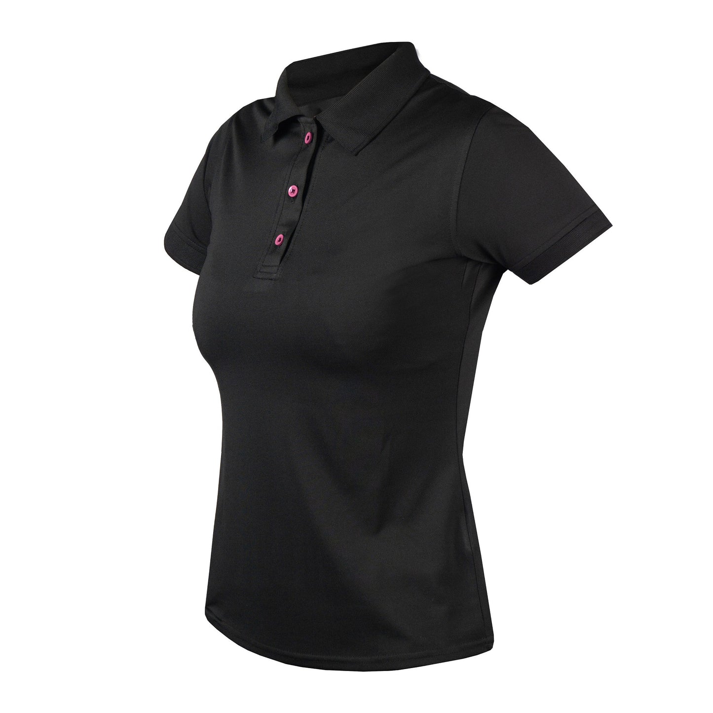 A black color women's polo shirt with a pink logo on the neckline. Horka. Available with Nice Equestrian Wukair Doha Qatar