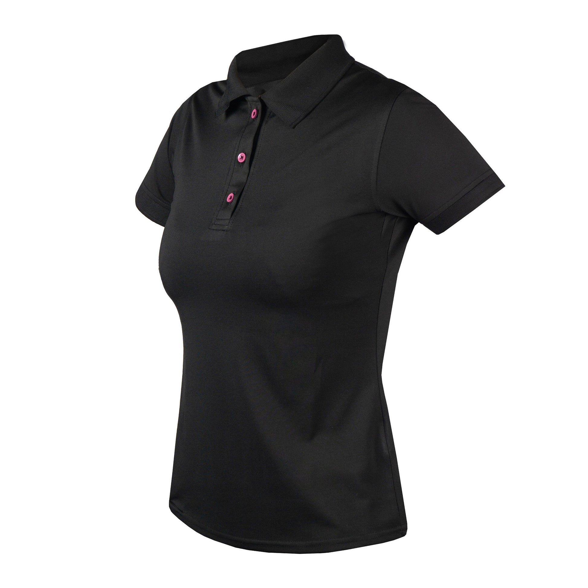 A black color women's polo shirt with a pink logo on the neckline. Horka. Available with Nice Equestrian Wukair Doha Qatar