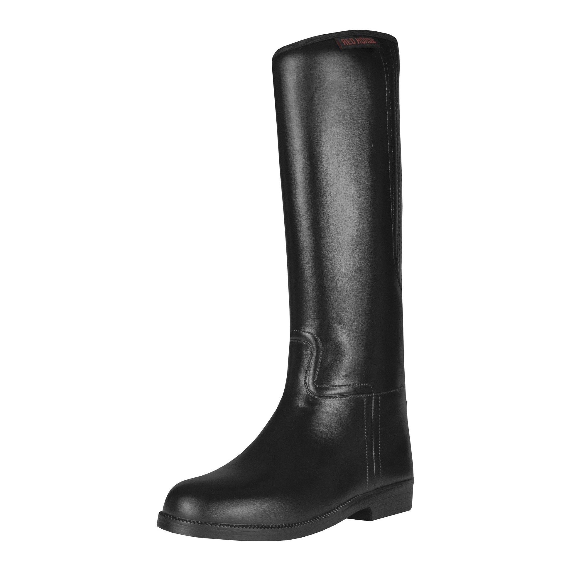A black riding boot designed for horses, made of PVC with a stretch section, featuring a heel and a round toe.
Horka. Available with Nice Equestrian Wukair Doha Qatar