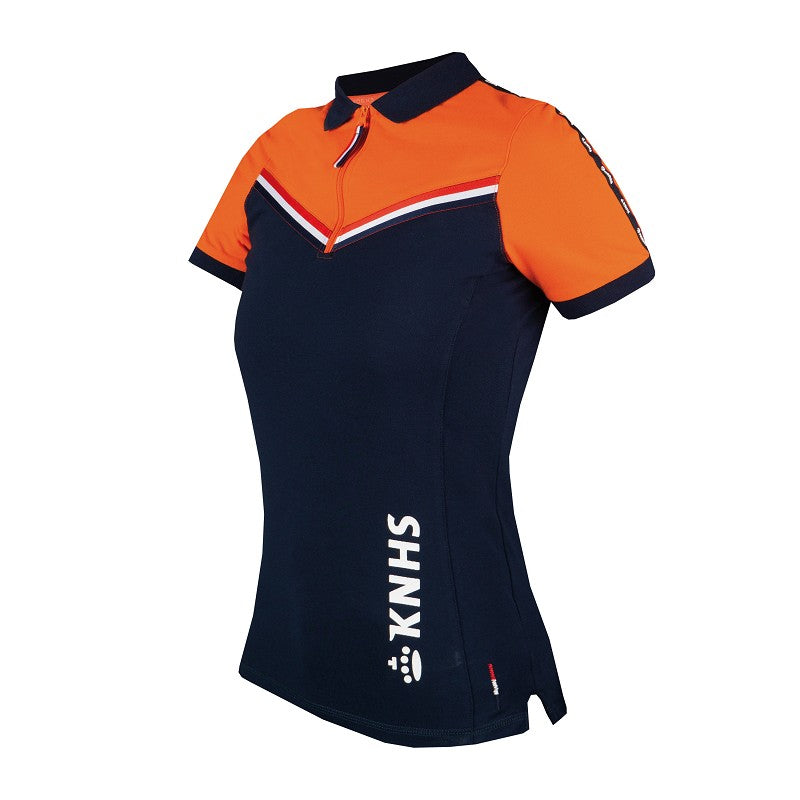 A Horka junior polo shirt with navy blue color and orange accents, featuring a collar, short sleeves, and KNHS branding on the chest. Available at Nice Equestrian Wukair Doha Qatar