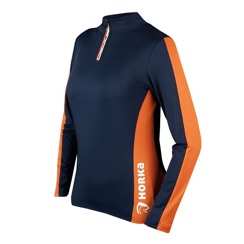 A navy blue and orange HORKA branded eventing shirt with short sleeves and a crew neck. Available with Nice Equestrian Wukair Doha Qatar.