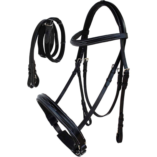 A black leather horse bridle with reins, designed for entry level riding and hacks.
Horze. Equivia. Available at Nice Equestrian Wukair Doha Qatar