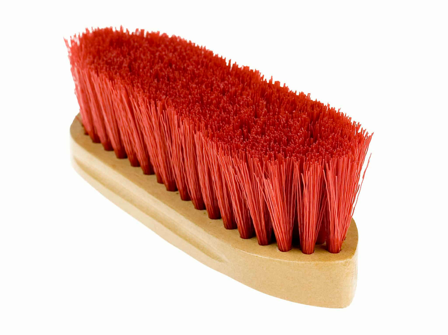 A small dandy brush with red synthetic bristles and a wooden back, with the Horze logo printed on the back.
Available at Nice Equestrian Wukair Doha Qatar.