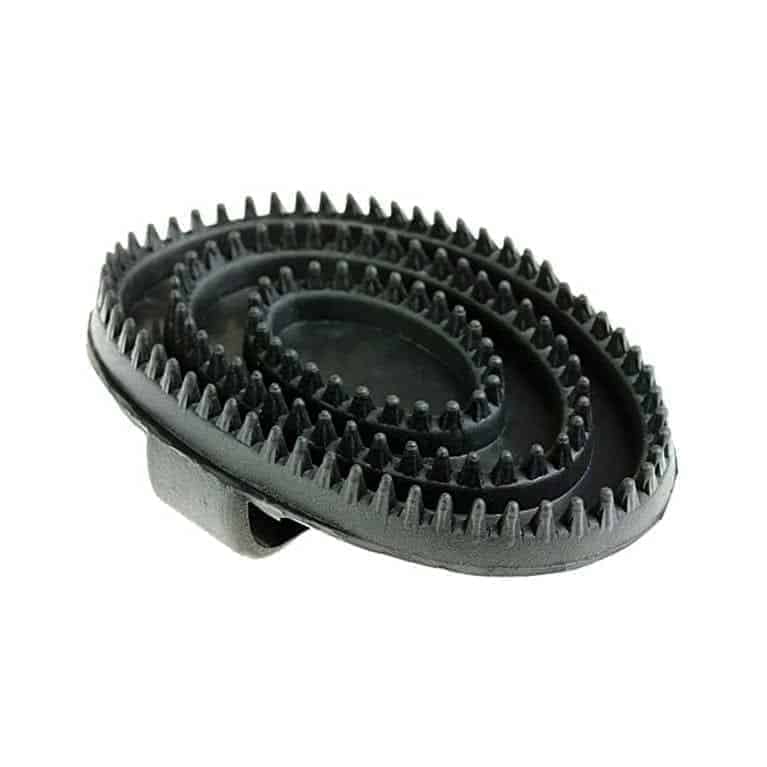 A large, oval-shaped black rubber curry comb with a hand strap designed for grooming horses.
Horze. Available at Nice Equestrian Wukair Doha Qatar.