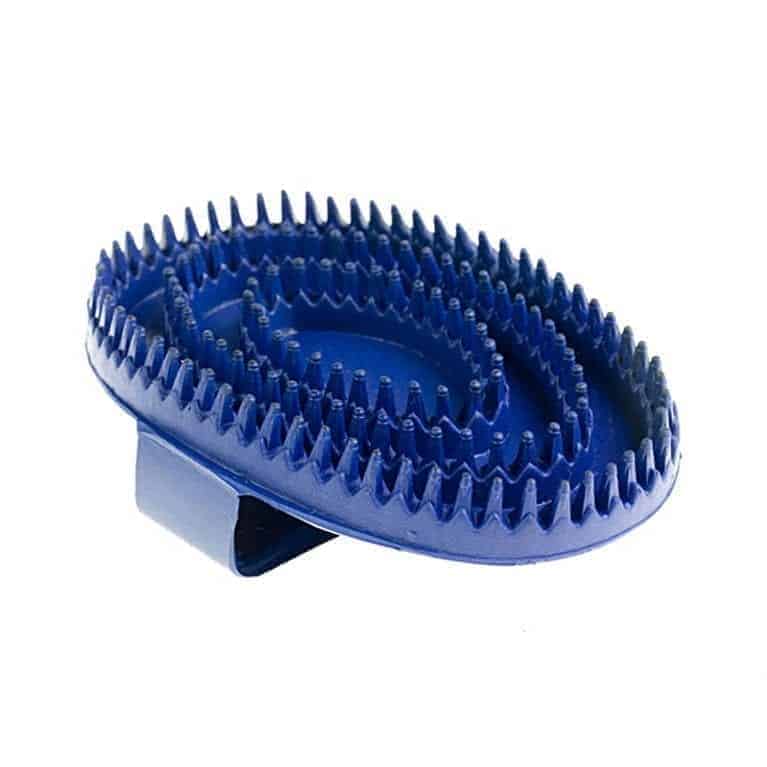 A large, oval-shaped blue rubber curry comb with a hand strap designed for grooming horses.
Horze. Available at Nice Equestrian Wukair Doha Qatar.