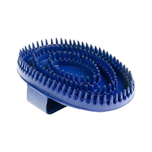 A large, oval-shaped blue rubber curry comb with a hand strap designed for grooming horses.
Horze. Available at Nice Equestrian Wukair Doha Qatar.
