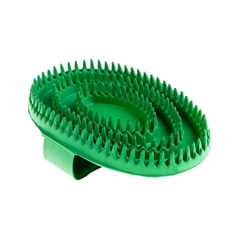 A large, oval-shaped green rubber curry comb with a hand strap designed for grooming horses.
Horze. Available at Nice Equestrian Wukair Doha Qatar.