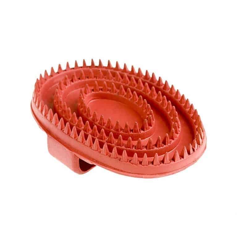 A large, oval-shaped red rubber curry comb with a hand strap designed for grooming horses.
Horze. Available at Nice Equestrian Wukair Doha Qatar.
